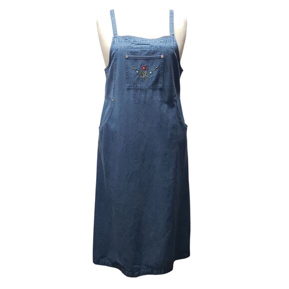 Denim & Co. Vintage Blue Denim Overall Maxi Dress Size L Farmhouse Boho Style - Picture 1 of 13